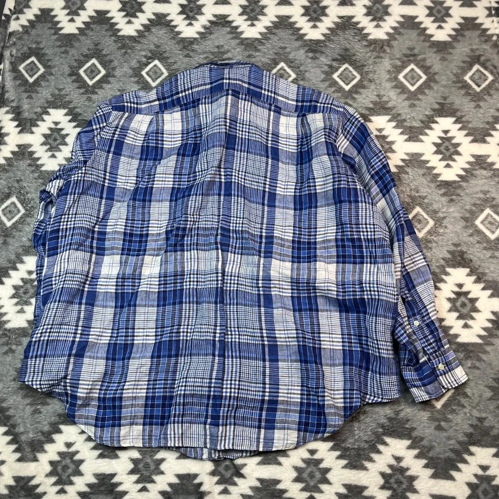 Polo Ralph Lauren Mens 2XB Blue White Plaid 100%Linen Button Down Shirt Big Tall